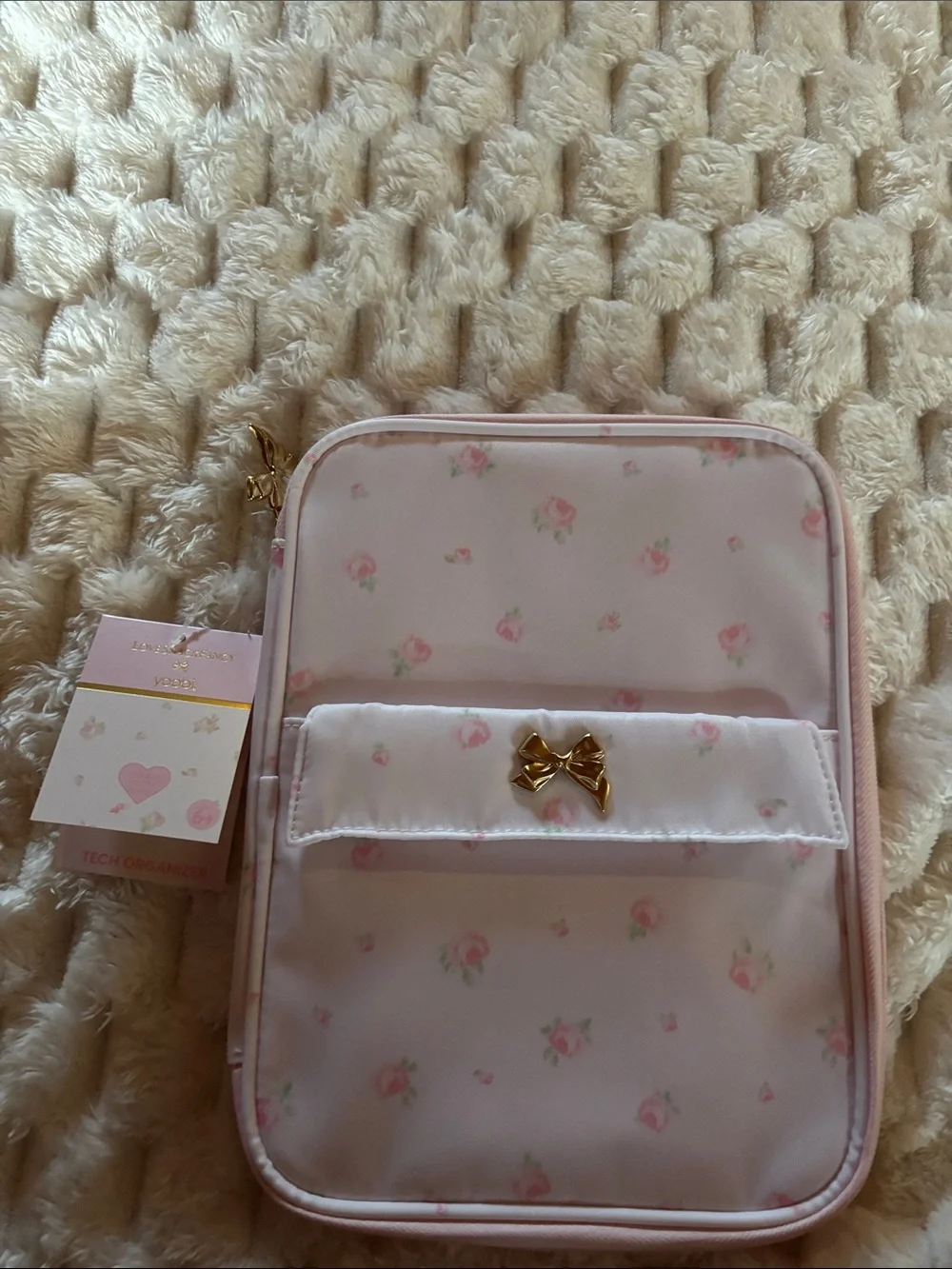 LoveShackFancy.  Pink Floral with Gold Bow Accent.  Tech organizer.